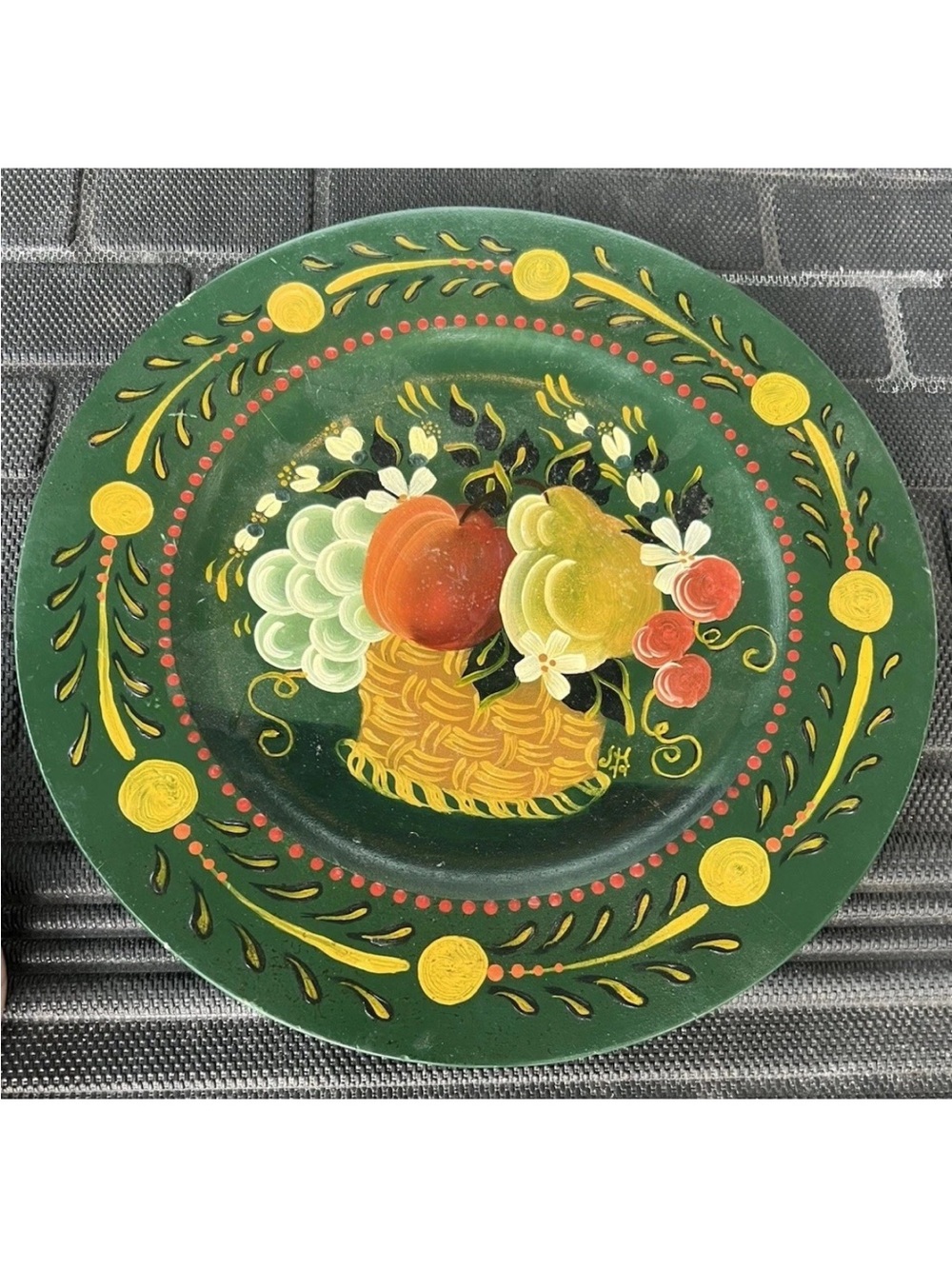 Vintage 1979 Handmade /Painted Wooden Fruit Plate Signed “JH 79” - Rustic Floral